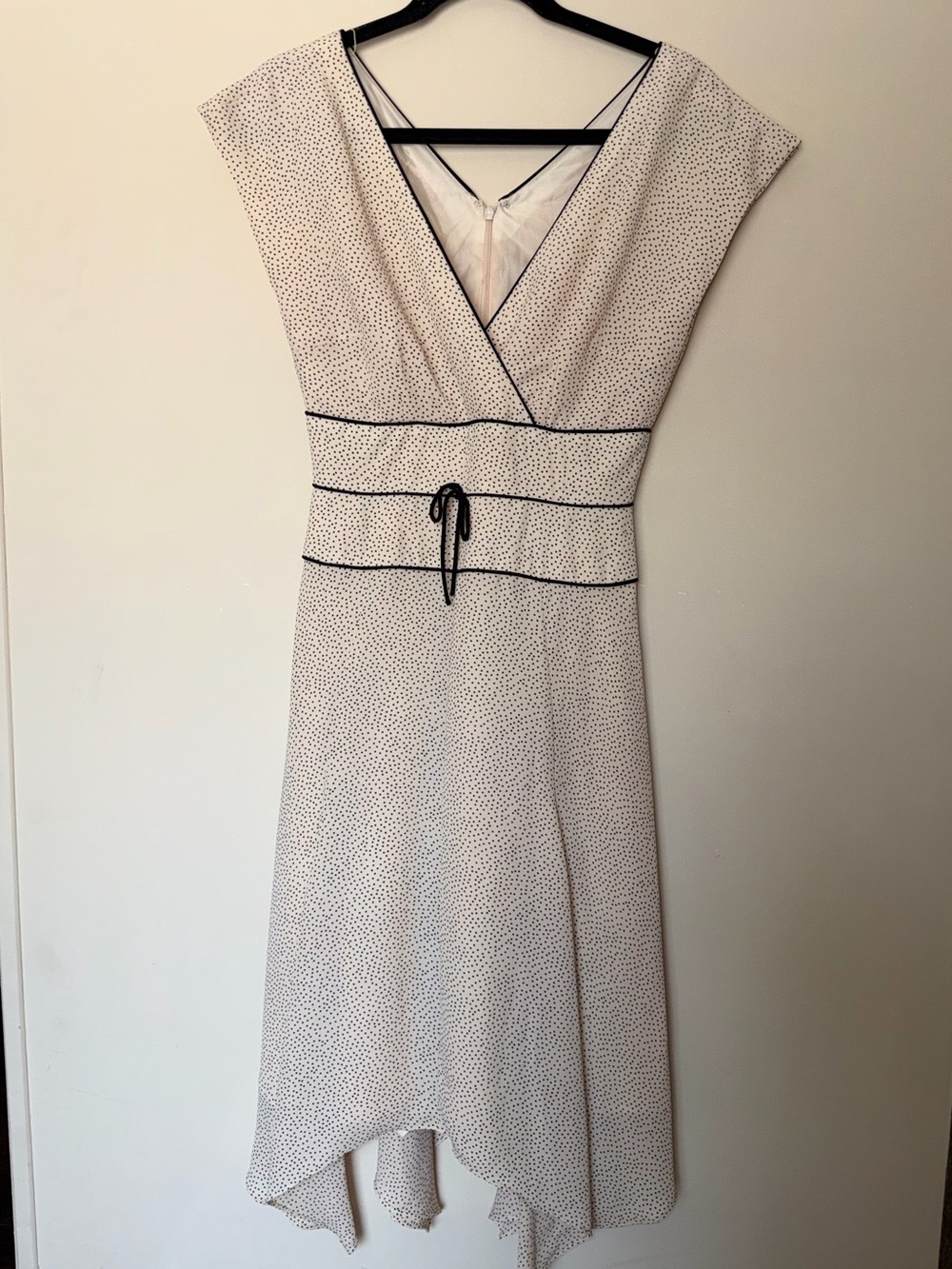 London Times Cream Polka Dot High-Low Wrap Dress with Black Trim